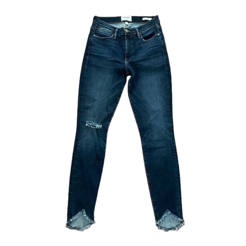 Frame Le High Skinny Denim Blue Jeans Womens 27 Distressed Dark Wash Raw Hem
